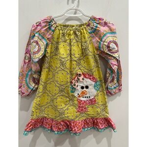 La Jenns Girls Yellow Snowman Applique Ruffle Dress Size 7 Cotton Long Sleeve